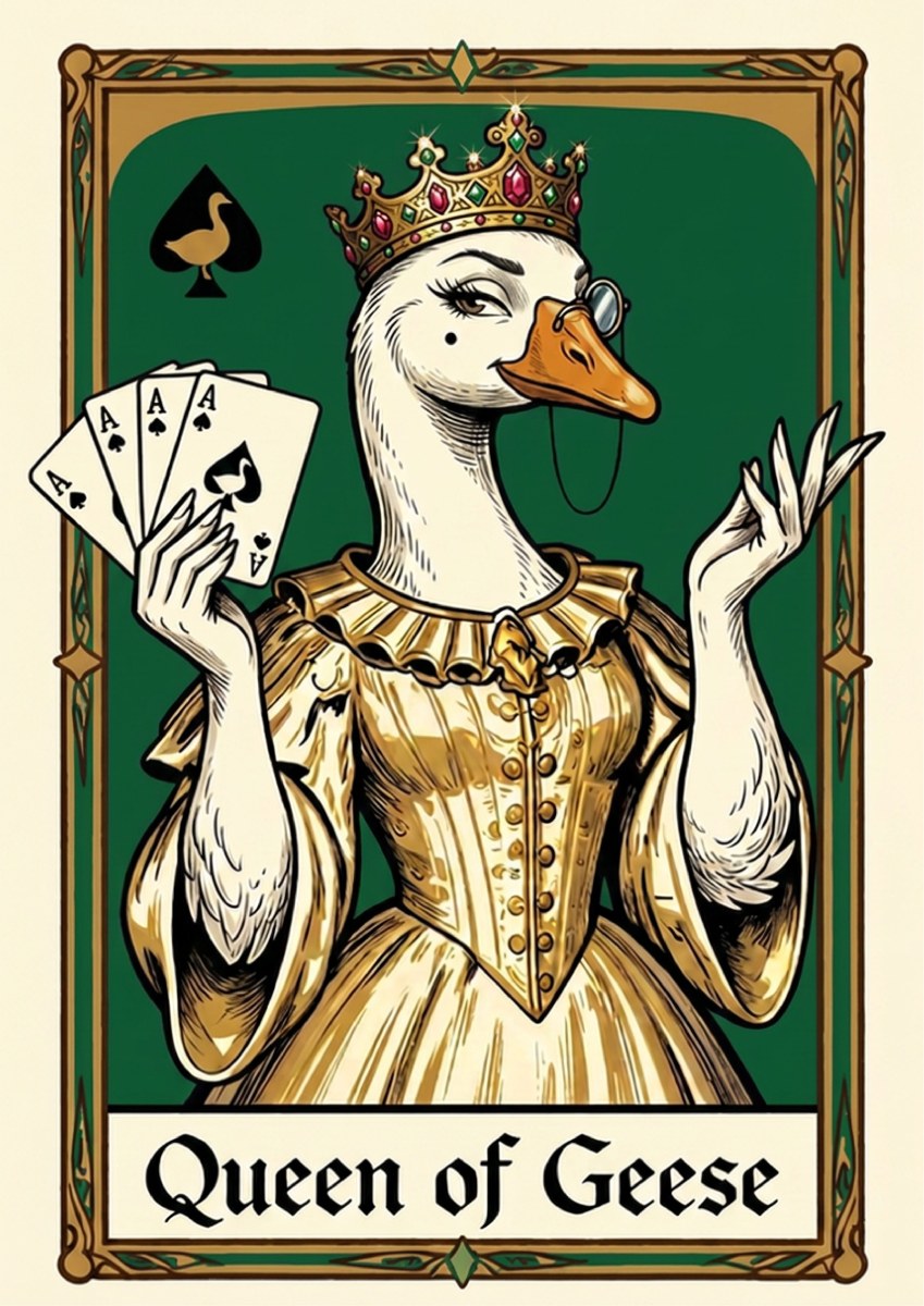 Queen of Geese – Emerald Reign art print: the crowned goose queen with monocle and gold bodice holding four ace cards, set on a rich emerald green ground inside an ornate card border, captioned Queen of Geese