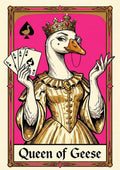 Queen of Geese – Fuchsia Flush art print: the goose queen in gold gown and jewelled crown fanning four aces, on a vivid fuchsia pink ground with a decorative playing-card frame, captioned Queen of Geese