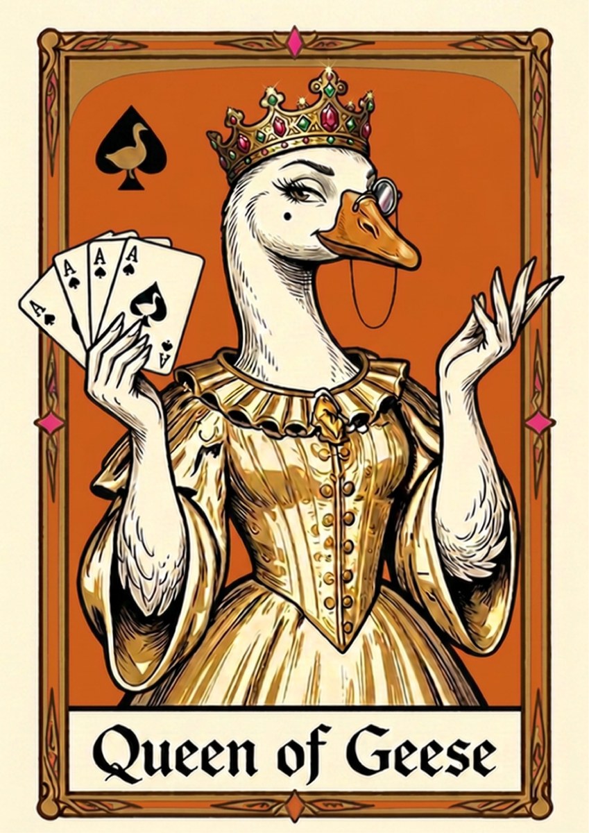 Queen of Geese – Tangerine Throne art print: the monocled goose queen in golden court dress holding aces, framed as a playing card on a warm tangerine orange ground, captioned Queen of Geese