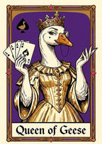 Queen of Geese – Violet Velvet art print: the goose queen in gold gown and jewelled crown with four ace cards, set on a deep violet purple ground within an ornate card border, captioned Queen of Geese