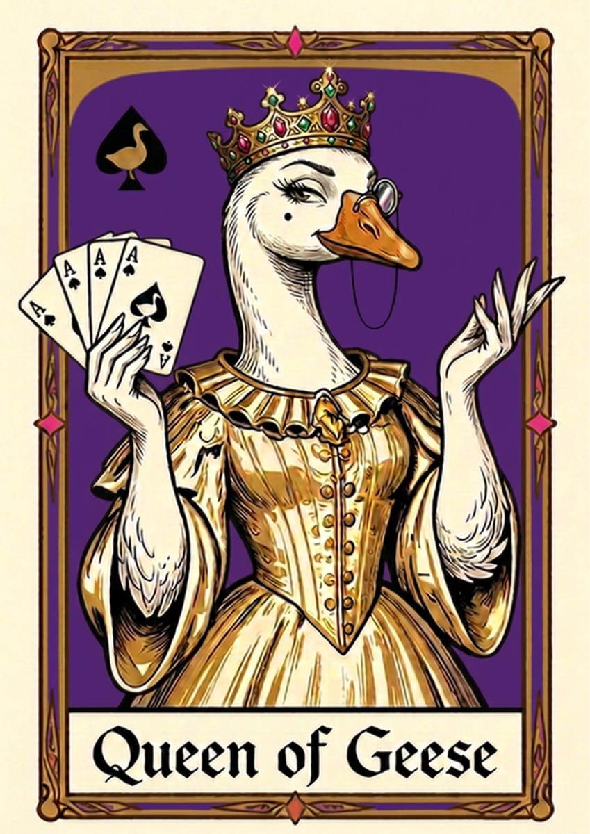 Queen of Geese – Violet Velvet art print: the goose queen in gold gown and jewelled crown with four ace cards, set on a deep violet purple ground within an ornate card border, captioned Queen of Geese