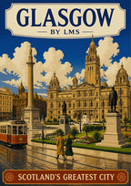 Scotland's Greatest City — Glasgow art print: george Square with the City Chambers, statues and a red tram on wet setts under a bright blue sky, LMS railway lettering