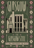 The Glasgow Style — Glasgow art print: mackintosh's Glasgow School of Art in cream on sage green with stylised rose motifs in mauve down each side
