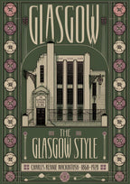 The Glasgow Style — Glasgow art print: mackintosh's Glasgow School of Art in cream on sage green with stylised rose motifs in mauve down each side