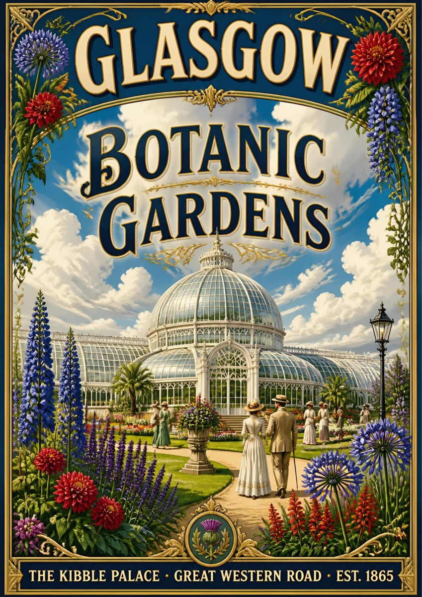 The Kibble Palace — Glasgow art print: victorian domed glasshouse at the Botanic Gardens with strolling Edwardian couples and borders of dahlias, delphiniums and agapanthus