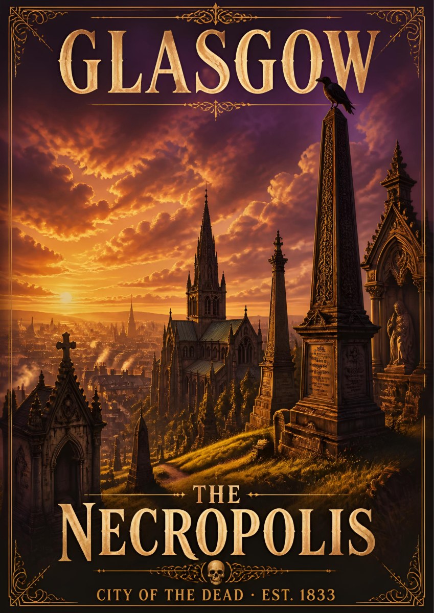 The Necropolis — Glasgow art print: victorian obelisks and mausoleums on the Necropolis hill at fiery sunset, cathedral spire below, purple and gold sky with a crow