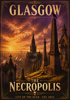 The Necropolis — Glasgow art print: victorian obelisks and mausoleums on the Necropolis hill at fiery sunset, cathedral spire below, purple and gold sky with a crow