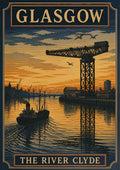 The River Clyde — Glasgow art print: silhouette of the Finnieston crane and a steam tug on the Clyde at sunset, orange sky over dark rippled water