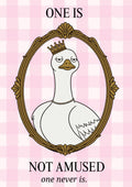 One Is Not Amused – Gingham Rose art print: cartoon illustration of a white goose in a gold crown and thin gold chain choker, head tipped slightly to one side, framed in an ornate brown-gold oval on pale pink gingham check, with black serif capitals ONE IS above and NOT AMUSED below