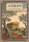 Archaia Agora — Athens art print: softly coloured illustration of the columned Temple of Hephaestus in the Ancient Agora, seen between two gnarled olive trees over a meadow of red poppies, inside an ornate Greek key border
