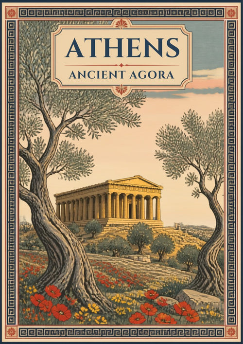 Archaia Agora — Athens art print: softly coloured illustration of the columned Temple of Hephaestus in the Ancient Agora, seen between two gnarled olive trees over a meadow of red poppies, inside an ornate Greek key border