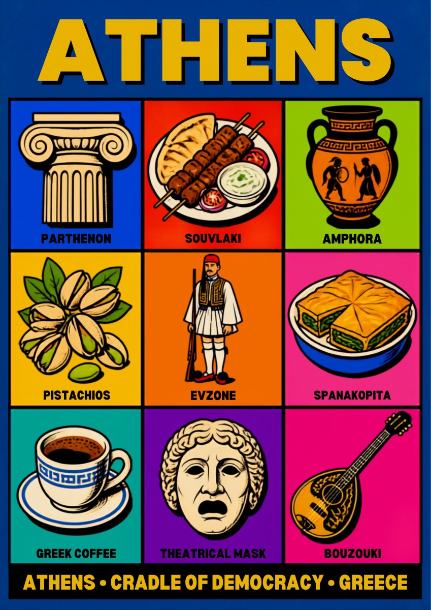 Cradle of Democracy — Athens art print: bright pop-art grid of nine boxed icons on a blue ground - Parthenon column, souvlaki plate, red-figure amphora, pistachios, Evzone guard, spanakopita, Greek coffee cup, tragic theatre mask and bouzouki - captioned CRADLE OF DEMOCRACY