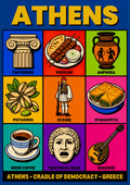 Cradle of Democracy — Athens art print: bright pop-art grid of nine boxed icons on a blue ground - Parthenon column, souvlaki plate, red-figure amphora, pistachios, Evzone guard, spanakopita, Greek coffee cup, tragic theatre mask and bouzouki - captioned CRADLE OF DEMOCRACY