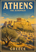 Ieros Vrachos — Athens art print: vintage travel-poster painting of the Parthenon crowning the golden Acropolis rock above a sprawl of pale city rooftops, framed by silvery olive trees under a blue and amber sky