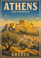 Ieros Vrachos — Athens art print: vintage travel-poster painting of the Parthenon crowning the golden Acropolis rock above a sprawl of pale city rooftops, framed by silvery olive trees under a blue and amber sky