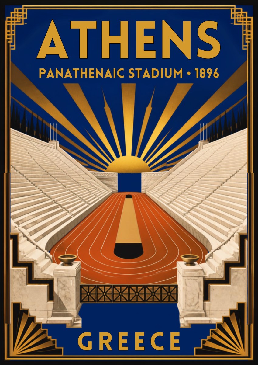 Kallimarmaro — Athens art print: art deco poster of the white marble Panathenaic Stadium with its horseshoe of tiered seating and orange running track, golden sun rays fanning across a deep navy sky, marked 1896