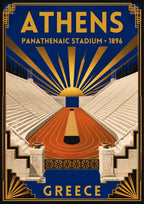 Kallimarmaro — Athens art print: art deco poster of the white marble Panathenaic Stadium with its horseshoe of tiered seating and orange running track, golden sun rays fanning across a deep navy sky, marked 1896