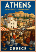 Monastiraki Bazaar — Athens art print: busy market scene of shoppers among striped awnings, carpets, copper pots and blue-and-white ceramics, with a white domed church and the Acropolis rising behind under a blue sky
