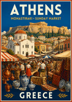 Monastiraki Bazaar — Athens art print: busy market scene of shoppers among striped awnings, carpets, copper pots and blue-and-white ceramics, with a white domed church and the Acropolis rising behind under a blue sky