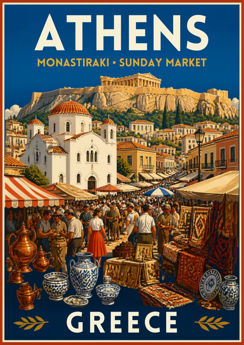 Monastiraki Bazaar — Athens art print: busy market scene of shoppers among striped awnings, carpets, copper pots and blue-and-white ceramics, with a white domed church and the Acropolis rising behind under a blue sky