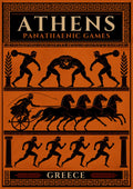 Panathenaia — Athens art print: black-figure vase-painting design on terracotta orange showing three bands of ancient athletes - discus thrower, wrestlers, a four-horse chariot and running men - inside a Greek key frame