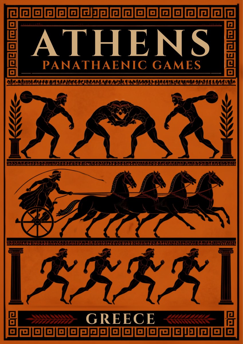 Panathenaia — Athens art print: black-figure vase-painting design on terracotta orange showing three bands of ancient athletes - discus thrower, wrestlers, a four-horse chariot and running men - inside a Greek key frame