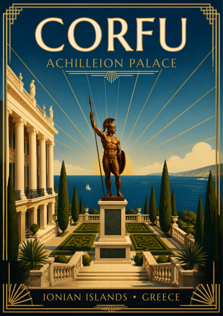 Achilleion — Corfu art print: art deco poster of the Achilleion Palace colonnade with the bronze statue of Achilles on its plinth, formal parterre gardens, dark cypresses and a sunlit blue sea beyond, framed in gold geometric borders