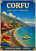Ipsos — Corfu art print: curving pebble beach at Ipsos with stacked coloured pedalos on the shore, waterfront tavernas and bougainvillea, wooded green hills and clear turquoise sea under a deep blue sky