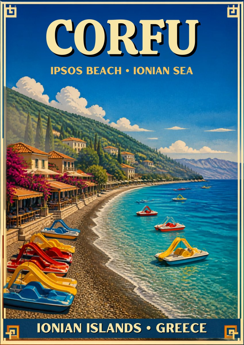 Ipsos — Corfu art print: curving pebble beach at Ipsos with stacked coloured pedalos on the shore, waterfront tavernas and bougainvillea, wooded green hills and clear turquoise sea under a deep blue sky