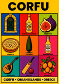 Kumquat & Cricket — Corfu art print: a bold pop-art grid of nine labelled Corfu emblems on a yellow ground: a Venetian doorway, kumquat liqueur, fresh fig, sofrito, cypress tree, Corfu ginger beer, mandolin, cricket bat and ball, and kumquats on the branch