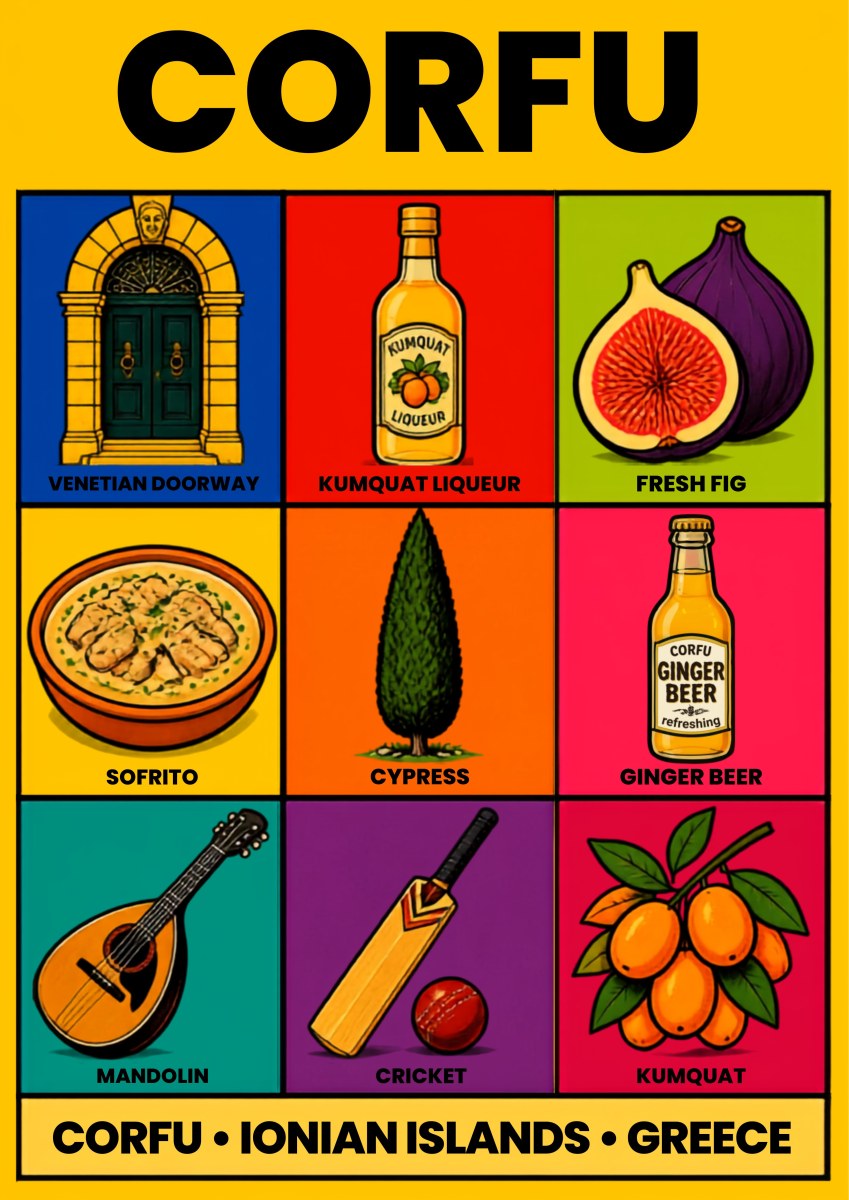 Kumquat & Cricket — Corfu art print: a bold pop-art grid of nine labelled Corfu emblems on a yellow ground: a Venetian doorway, kumquat liqueur, fresh fig, sofrito, cypress tree, Corfu ginger beer, mandolin, cricket bat and ball, and kumquats on the branch