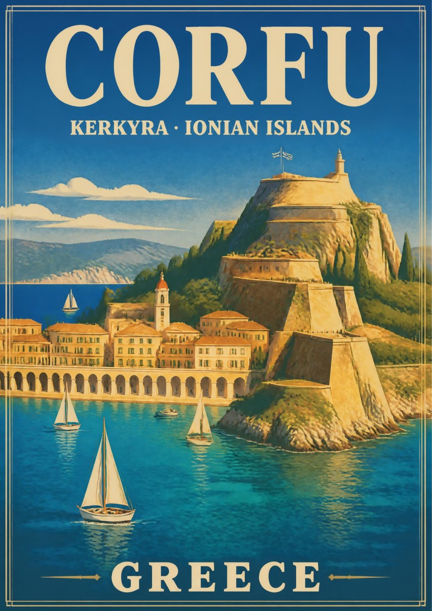 Palaio Frourio — Corfu art print: vintage travel-poster view of Corfu's Old Fortress on its rocky headland above the arcaded old-town waterfront, with white sailing yachts on turquoise water and blue hills behind, in warm sandstone and deep blue tones