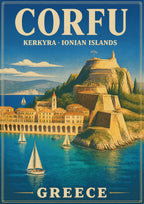 Palaio Frourio — Corfu art print: vintage travel-poster view of Corfu's Old Fortress on its rocky headland above the arcaded old-town waterfront, with white sailing yachts on turquoise water and blue hills behind, in warm sandstone and deep blue tones