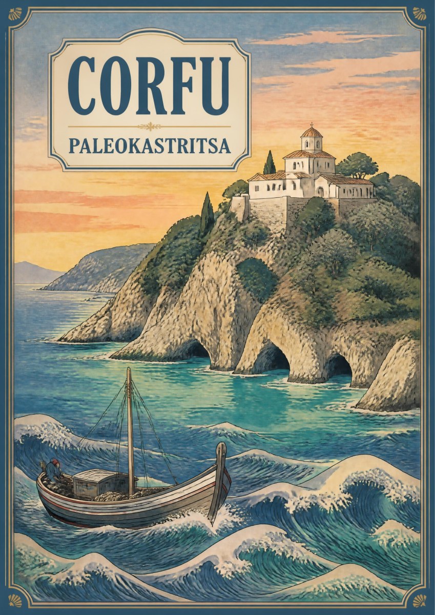 Paleokastritsa — Corfu art print: a white cliff-top monastery above the sea caves and limestone headlands of Paleokastritsa at sunset, with a wooden fishing boat riding stylised blue-green waves in a Japanese woodblock-influenced style