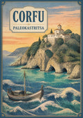 Paleokastritsa — Corfu art print: a white cliff-top monastery above the sea caves and limestone headlands of Paleokastritsa at sunset, with a wooden fishing boat riding stylised blue-green waves in a Japanese woodblock-influenced style