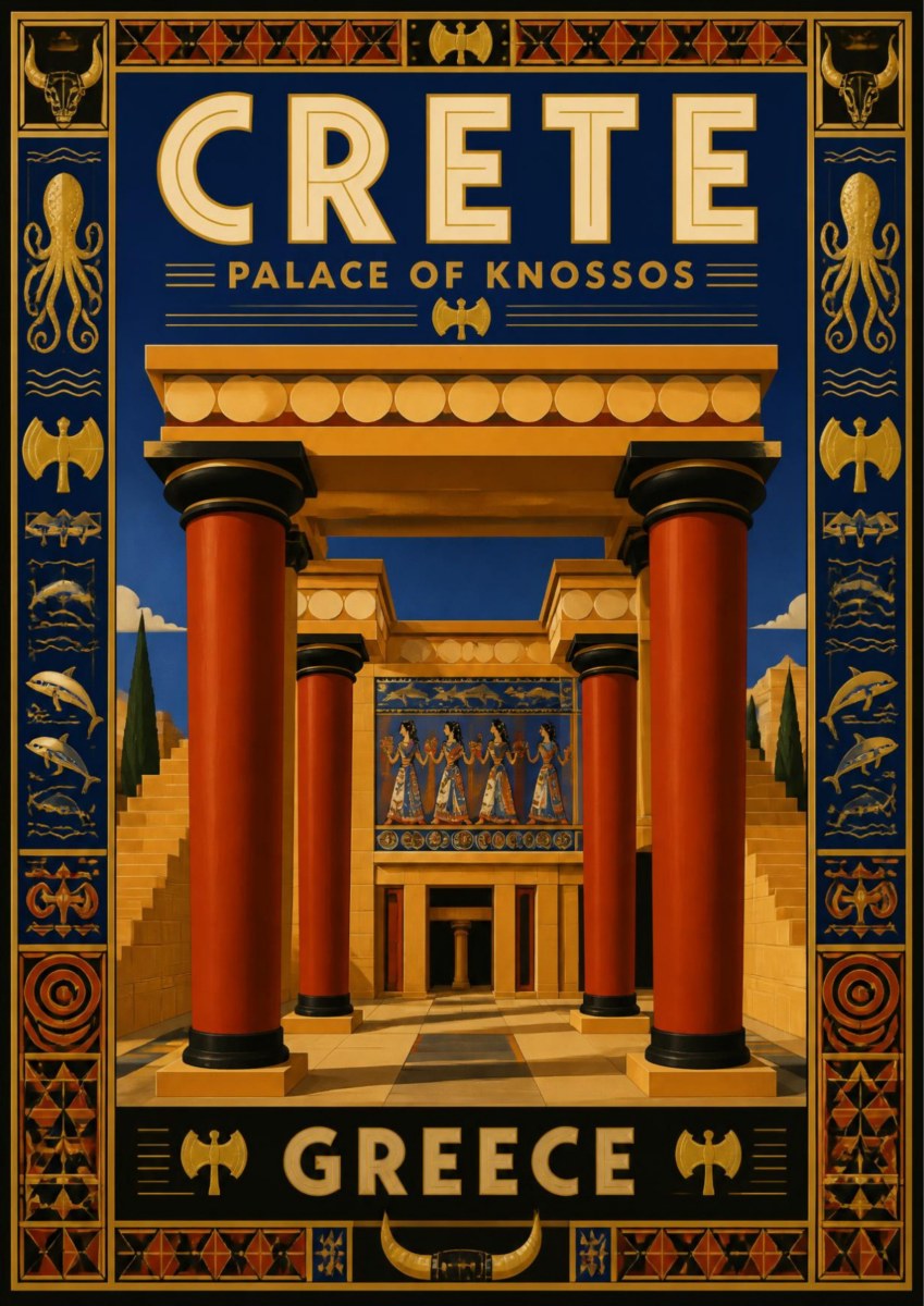 Anaktoro Knossou — Crete art print: a stylised Art Deco rendering of the Palace of Knossos with its tapered red Minoan columns, frescoed portico and stepped entrance, framed by an ornate border of octopus, dolphin, double-axe and bull motifs in gold on near-black