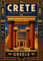 Anaktoro Knossou — Crete art print: a stylised Art Deco rendering of the Palace of Knossos with its tapered red Minoan columns, frescoed portico and stepped entrance, framed by an ornate border of octopus, dolphin, double-axe and bull motifs in gold on near-black