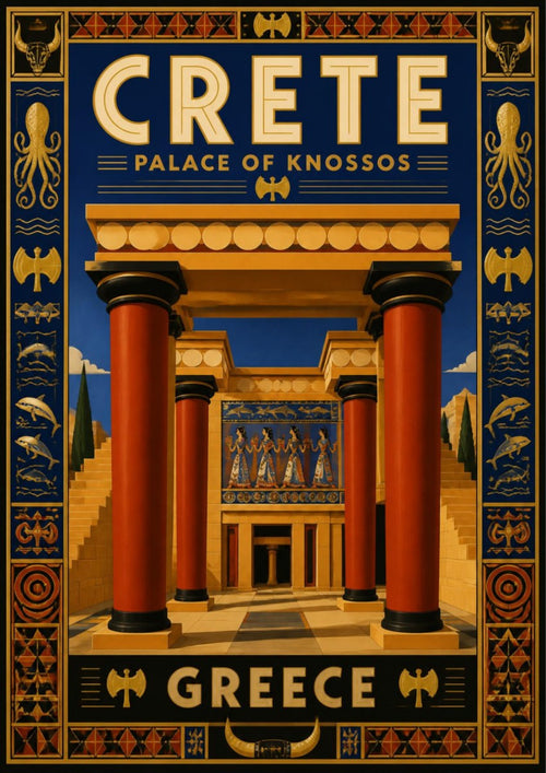 Anaktoro Knossou — Crete art print: a stylised Art Deco rendering of the Palace of Knossos with its tapered red Minoan columns, frescoed portico and stepped entrance, framed by an ornate border of octopus, dolphin, double-axe and bull motifs in gold on near-black