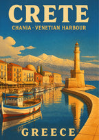 Enetiko Limani — Crete art print: a vintage travel-poster view of the Venetian harbour at Chania: the stone lighthouse on its curving quay, moored wooden fishing boats, ochre and terracotta waterfront townhouses and snow-capped mountains behind, in warm golds and deep blues