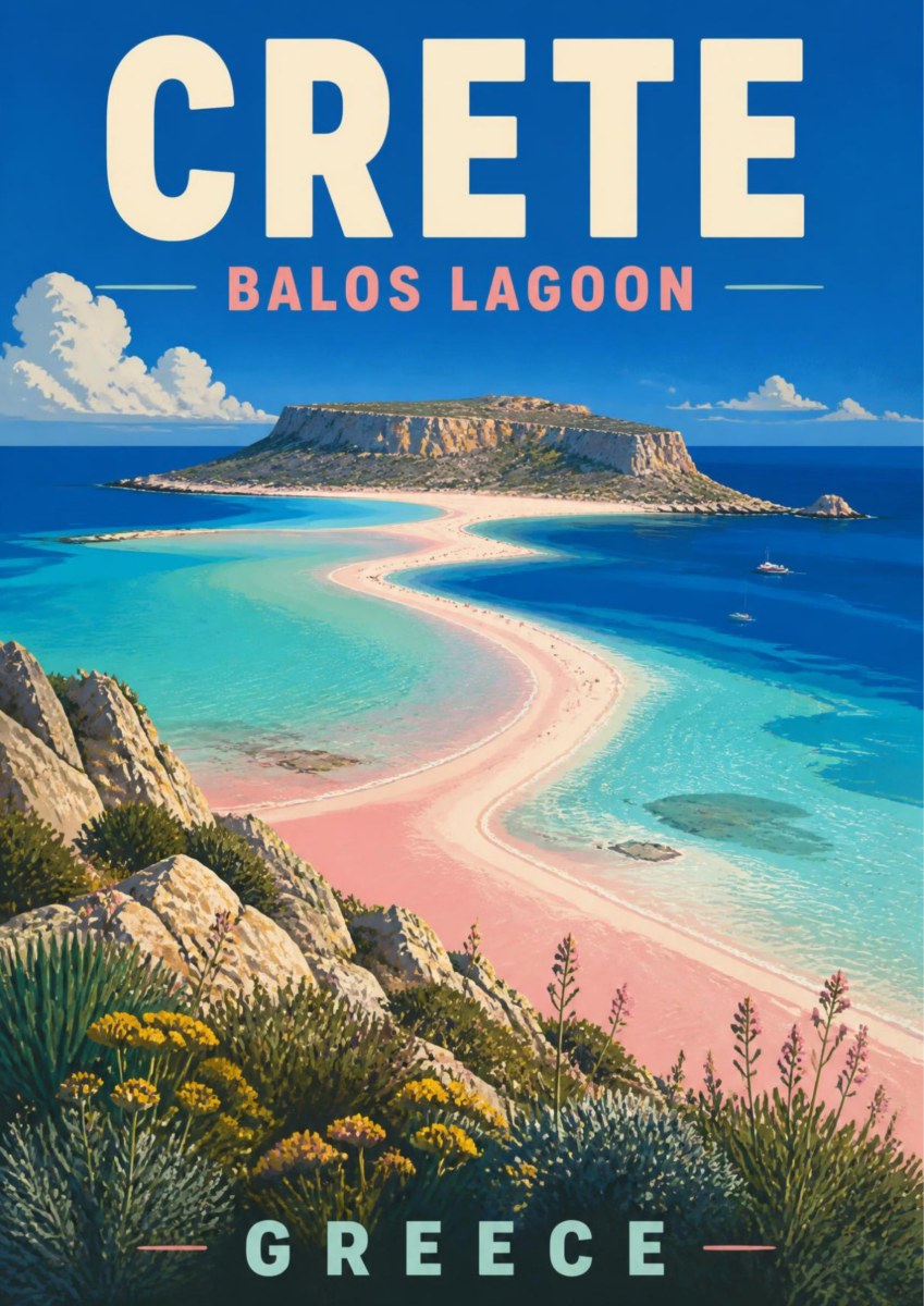 Lagouna Balos — Crete art print: an elevated painted view of Balos Lagoon with its pale pink-tinged sandbar curving between turquoise shallows, the rocky Gramvousa headland beyond and wildflowers on the scrubby cliffs in the foreground