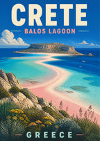Lagouna Balos — Crete art print: an elevated painted view of Balos Lagoon with its pale pink-tinged sandbar curving between turquoise shallows, the rocky Gramvousa headland beyond and wildflowers on the scrubby cliffs in the foreground