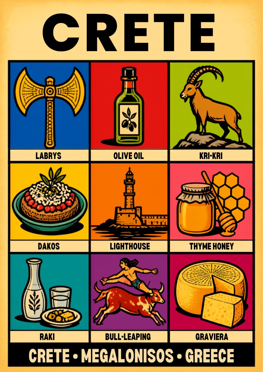 Megalonisos — Crete art print: a bold nine-panel icon grid on a cream-yellow ground with heavy black linework, showing the labrys double axe, olive oil, a kri-kri goat, dakos salad, the Chania lighthouse, thyme honey, raki, a bull-leaper and graviera cheese, each labelled beneath