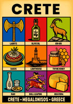 Megalonisos — Crete art print: a bold nine-panel icon grid on a cream-yellow ground with heavy black linework, showing the labrys double axe, olive oil, a kri-kri goat, dakos salad, the Chania lighthouse, thyme honey, raki, a bull-leaper and graviera cheese, each labelled beneath
