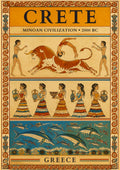 Minoan Frescoes — Crete art print: three stacked Minoan fresco friezes on an aged parchment ground inside a spiral border: a bull-leaping scene, a procession of women in tiered flounced skirts carrying vessels, and a band of leaping dolphins in blue