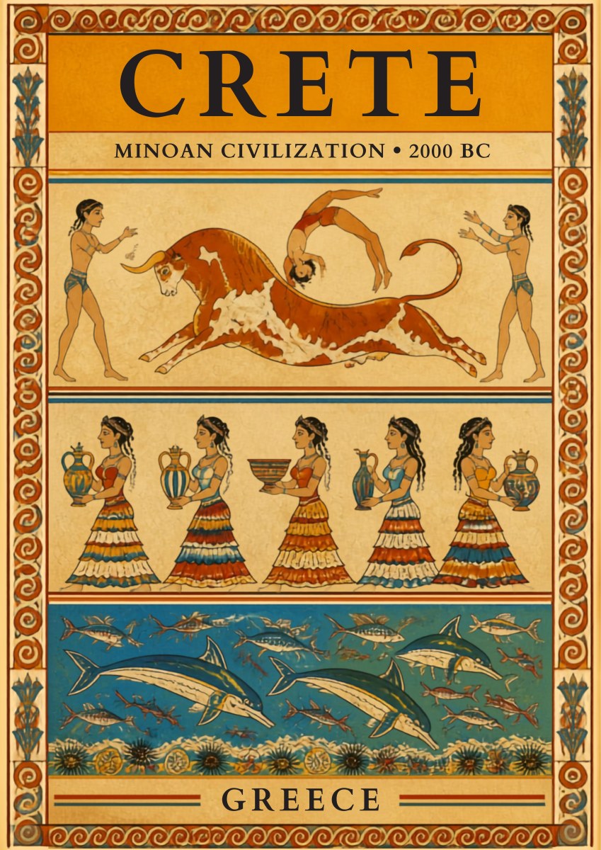 Minoan Frescoes — Crete art print: three stacked Minoan fresco friezes on an aged parchment ground inside a spiral border: a bull-leaping scene, a procession of women in tiered flounced skirts carrying vessels, and a band of leaping dolphins in blue