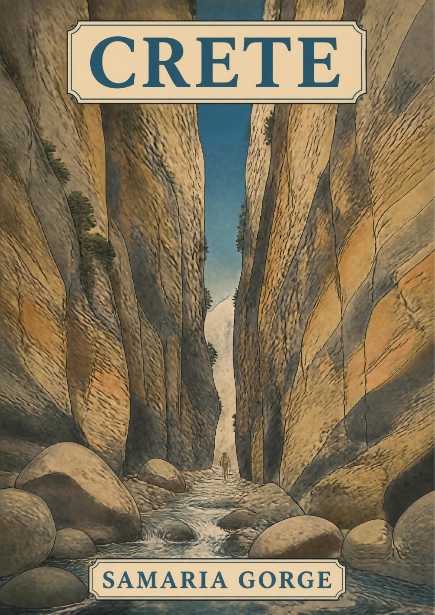 Sideroportes — Crete art print: the narrowest point of the Samaria Gorge rendered in muted grey-green and sandy tones, with towering sheer limestone walls, a boulder-strewn stream bed and a tiny lone hiker for scale