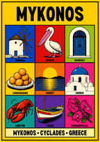 Island Almanac — Mykonos art print: bright yellow poster with a nine-panel grid of flat colour icons: windmill, pelican, blue doorway, loukoumades, sunset, domed church, lobster, caique and bougainvillea