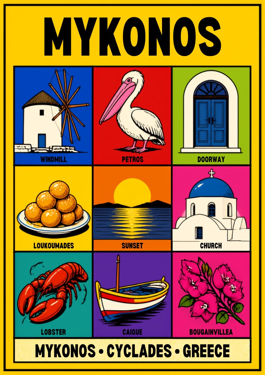 Island Almanac — Mykonos art print: bright yellow poster with a nine-panel grid of flat colour icons: windmill, pelican, blue doorway, loukoumades, sunset, domed church, lobster, caique and bougainvillea