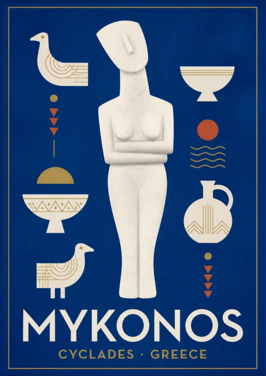 Kykladiki Morfi — Mykonos art print: minimal navy poster with a pale Cycladic marble figurine at the centre, flanked by geometric gold and terracotta motifs of birds, bowls and a jug