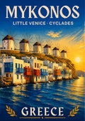 Mikri Venetia — Mykonos art print: painterly travel poster of the Little Venice waterfront, with balconied houses in red and blue above the sea and a row of thatched windmills on the headland under a golden sunset